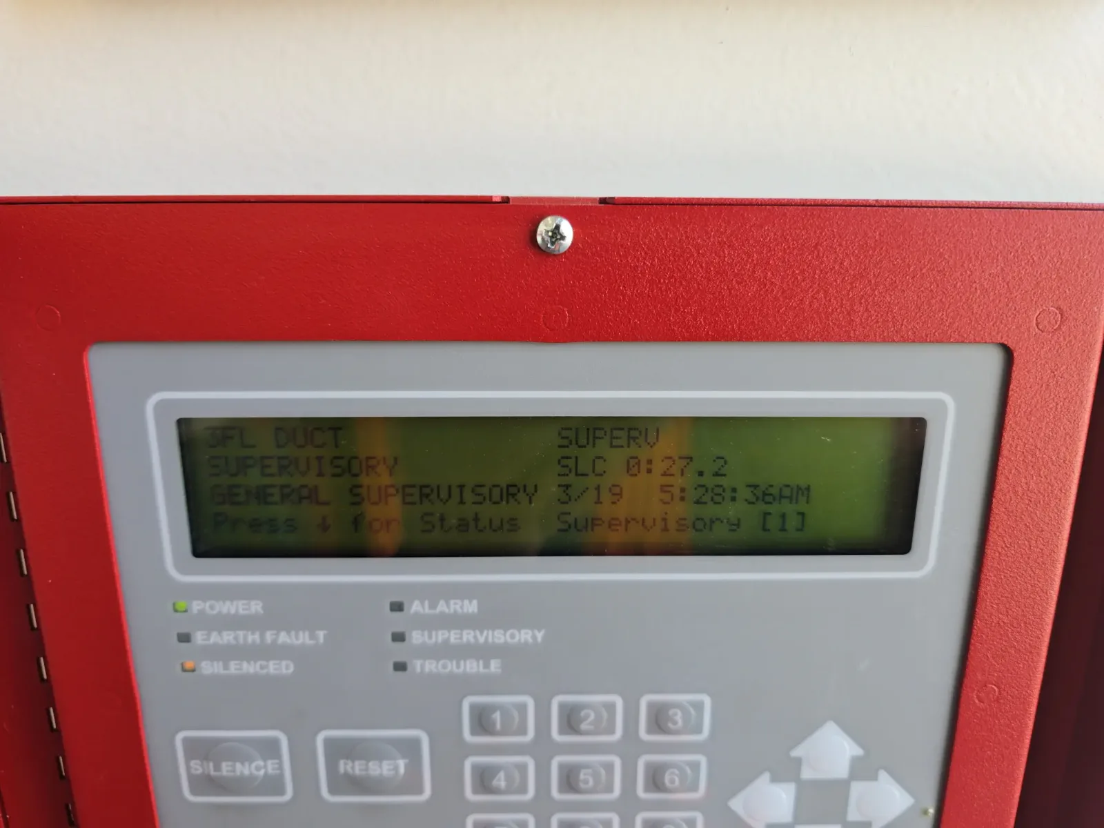Fire alarm control panel display reading 3FL DUCT SUPERV, SUPERVISORY, GENERAL SUPERVISORY, with the supervisory LED lit and the alarm LED dark
