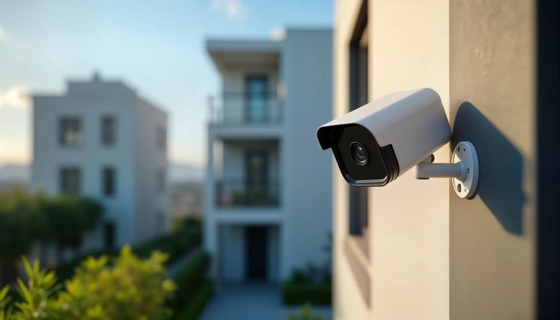 Modern smart home security camera mounted on side wall of building. Clear sky provides excellent view. Advanced tech ensures safety protection. Installation adds touch of security. Outdoor camera